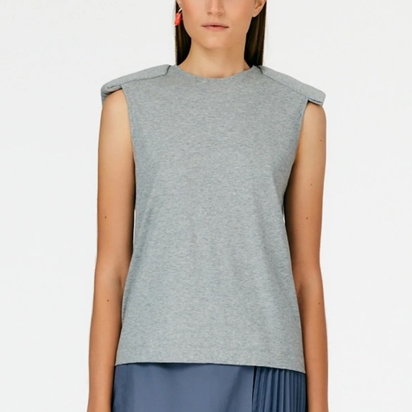 Tibi- Grey Sleeveless Cotton Epaulette Shoulder Pad Tank Top - Picture 1 of 6
